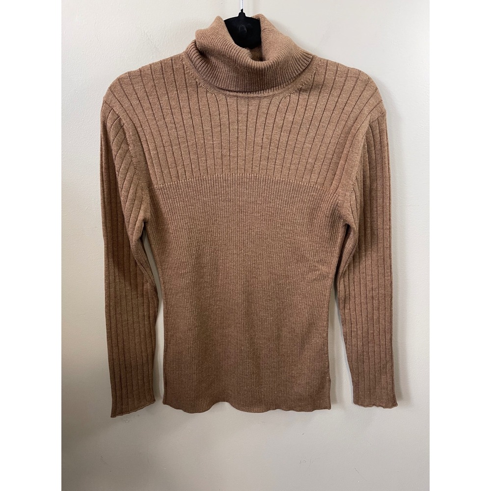 Iris & Ink Brown Ribbed Merino Wool Blend Turtleneck Sweater Made in Italy